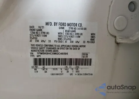 2021 Ford Explorer Platinum z USA, uszkodzony, nr VIN 1FM5K8HC5MGC46595